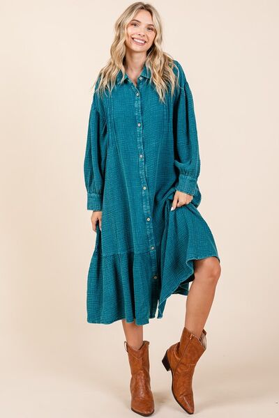 Mittoshop Mineral Wash Cotton Gauze Ruffle Midi Shirt Dress - Bitsy Gypsy Boutique