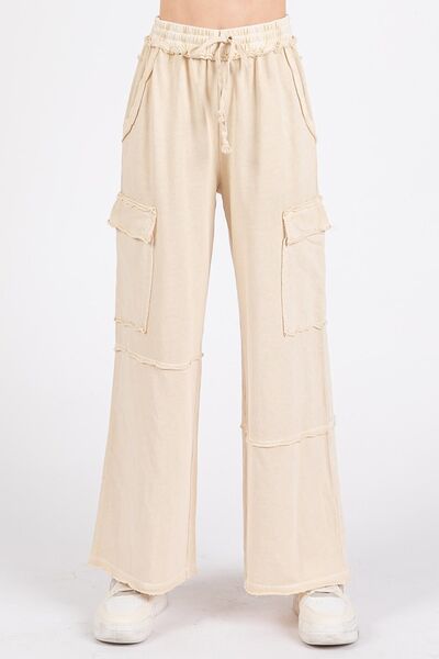 Mittoshop Mineral Wash Elastic Waist Cargo Wide Leg Pants - Bitsy Gypsy Boutique