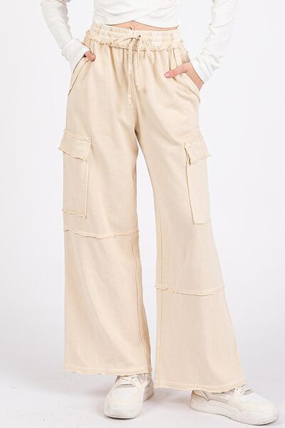 Mittoshop Mineral Wash Elastic Waist Cargo Wide Leg Pants - Bitsy Gypsy Boutique