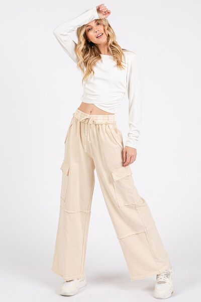 Mittoshop Mineral Wash Elastic Waist Cargo Wide Leg Pants - Bitsy Gypsy Boutique