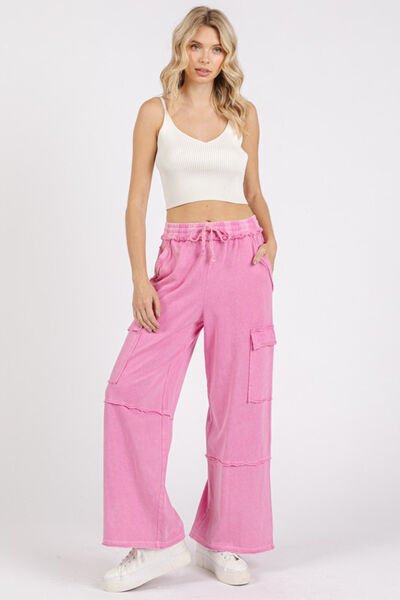 Mittoshop Mineral Wash Elastic Waist Cargo Wide Leg Pants - Bitsy Gypsy Boutique