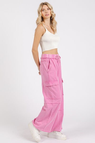 Mittoshop Mineral Wash Elastic Waist Cargo Wide Leg Pants - Bitsy Gypsy Boutique