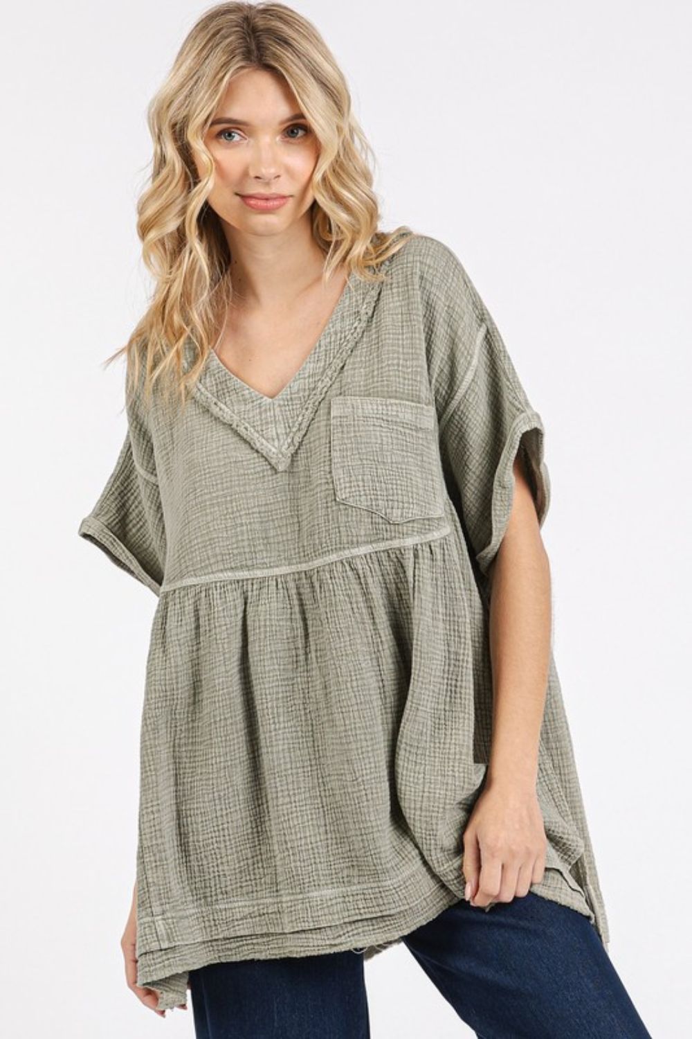 Mittoshop Mineral Wash Gauze Babydoll V - Neck Oversized Blouse - Bitsy Gypsy Boutique