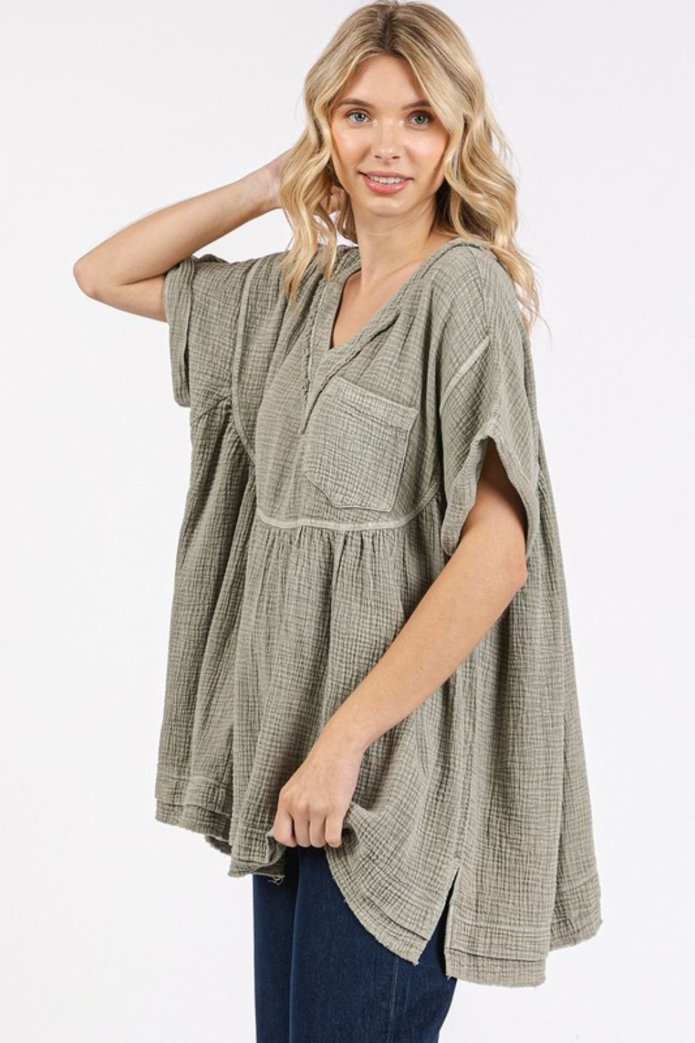 Mittoshop Mineral Wash Gauze Babydoll V - Neck Oversized Blouse - Bitsy Gypsy Boutique