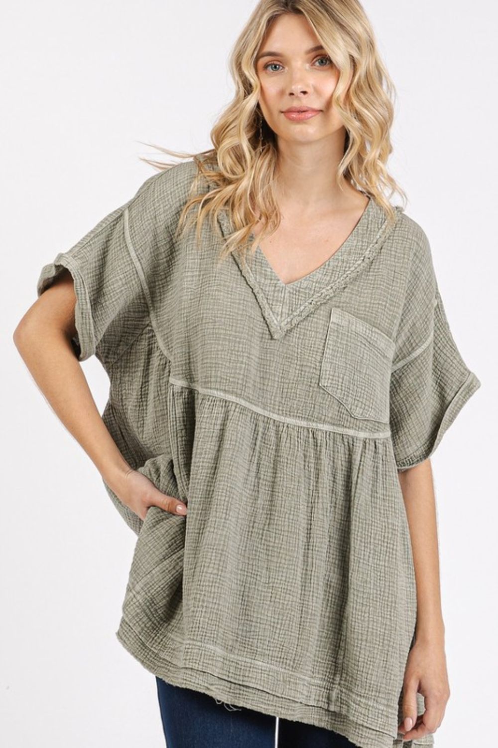 Mittoshop Mineral Wash Gauze Babydoll V - Neck Oversized Blouse - Bitsy Gypsy Boutique