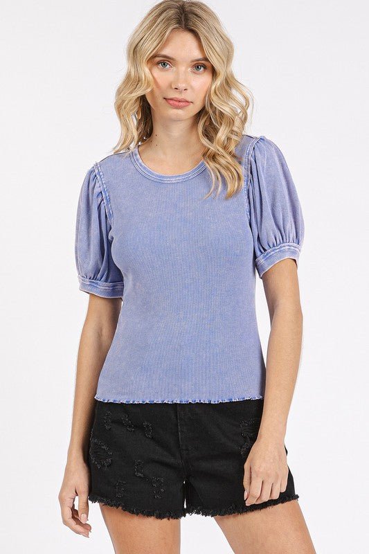 Mittoshop Mineral Wash Puff Sleeve Rib Knit T-Shirt - Bitsy Gypsy Boutique