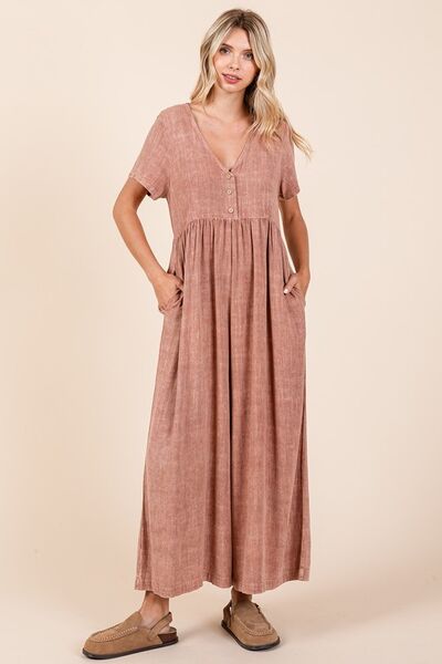 Mittoshop Mineral Wash Short Sleeve Flowy Wide Leg Jumpsuit - Bitsy Gypsy Boutique