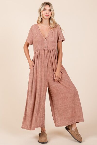 Mittoshop Mineral Wash Short Sleeve Flowy Wide Leg Jumpsuit - Bitsy Gypsy Boutique