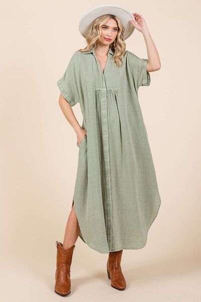 Mittoshop Mineral Wash V Neck Button Up Midi Shirt Dress - Bitsy Gypsy Boutique