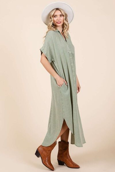 Mittoshop Mineral Wash V Neck Button Up Midi Shirt Dress - Bitsy Gypsy Boutique