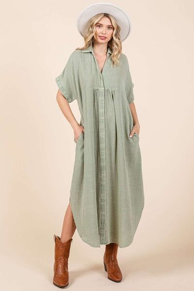 Mittoshop Mineral Wash V Neck Button Up Midi Shirt Dress - Bitsy Gypsy Boutique