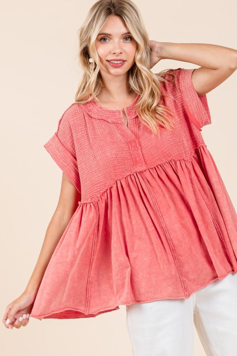 Mittoshop Mixed Media Mineral Wash Babydoll Short Sleeve Blouse - Bitsy Gypsy Boutique