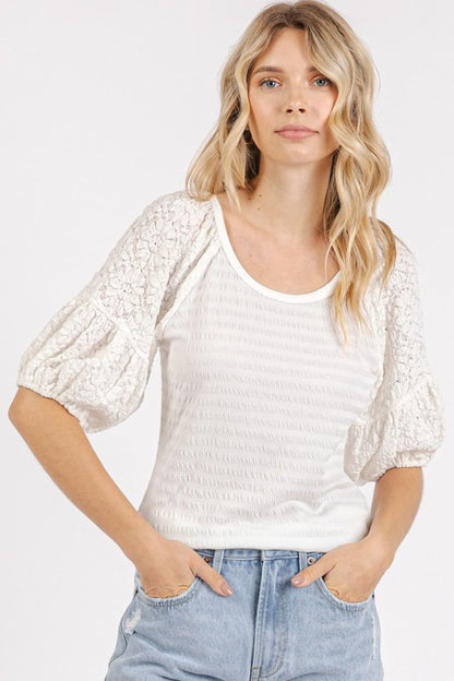 Mittoshop Mixed Media Textured Knit Popcorn Puff Sleeve Blouse - Bitsy Gypsy Boutique