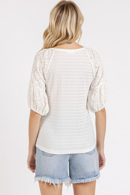 Mittoshop Mixed Media Textured Knit Popcorn Puff Sleeve Blouse - Bitsy Gypsy Boutique