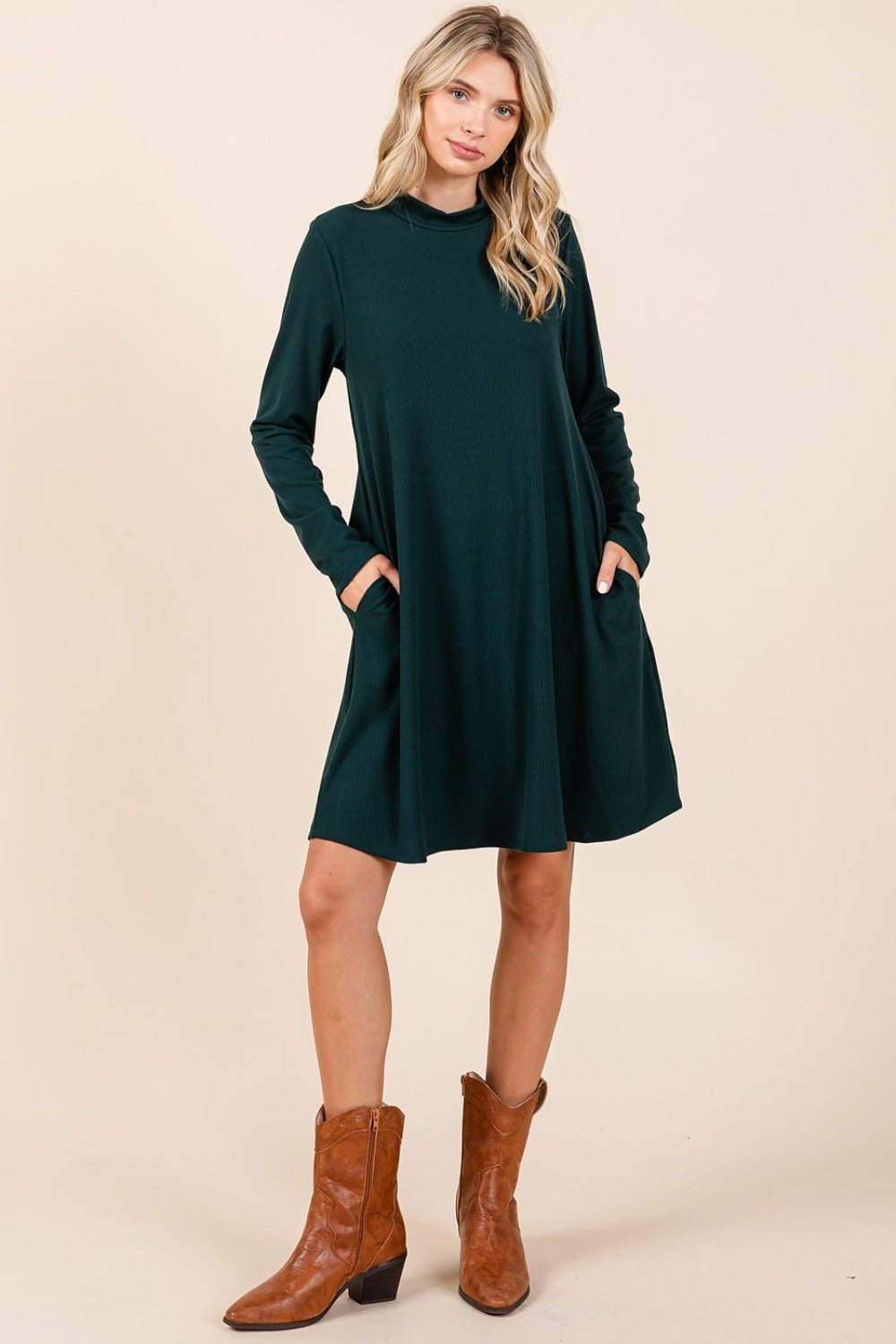 Mittoshop Mock Neck Long Sleeve Dress with Pockets - Bitsy Gypsy Boutique