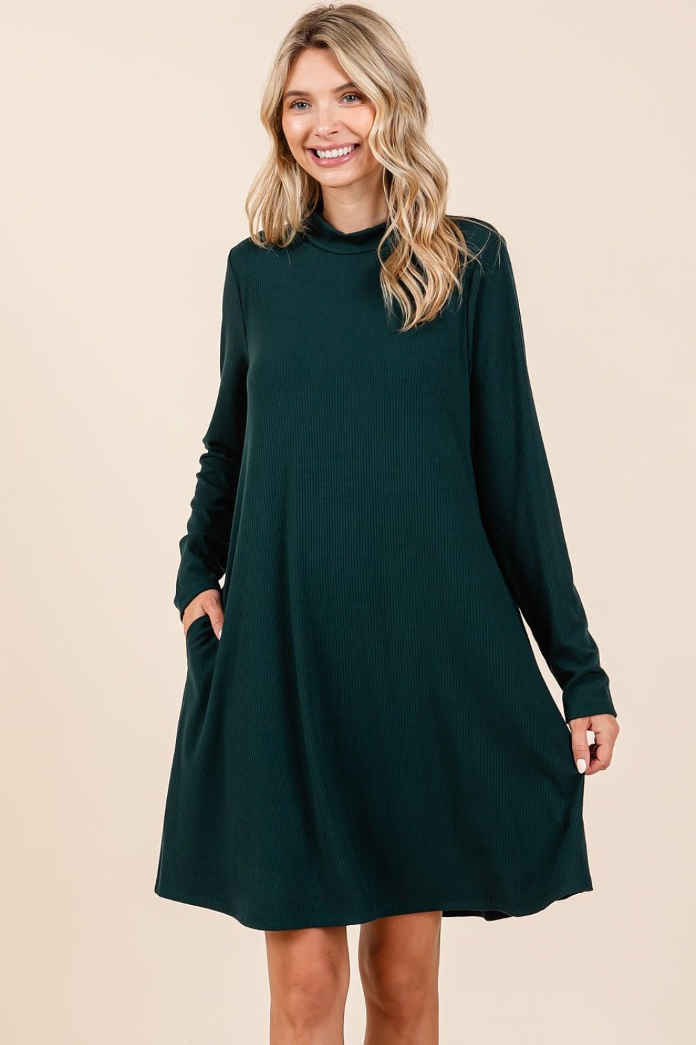 Mittoshop Mock Neck Long Sleeve Dress with Pockets - Bitsy Gypsy Boutique