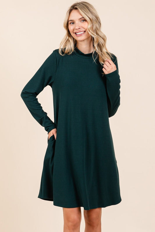 Mittoshop Mock Neck Long Sleeve Dress with Pockets - Bitsy Gypsy Boutique