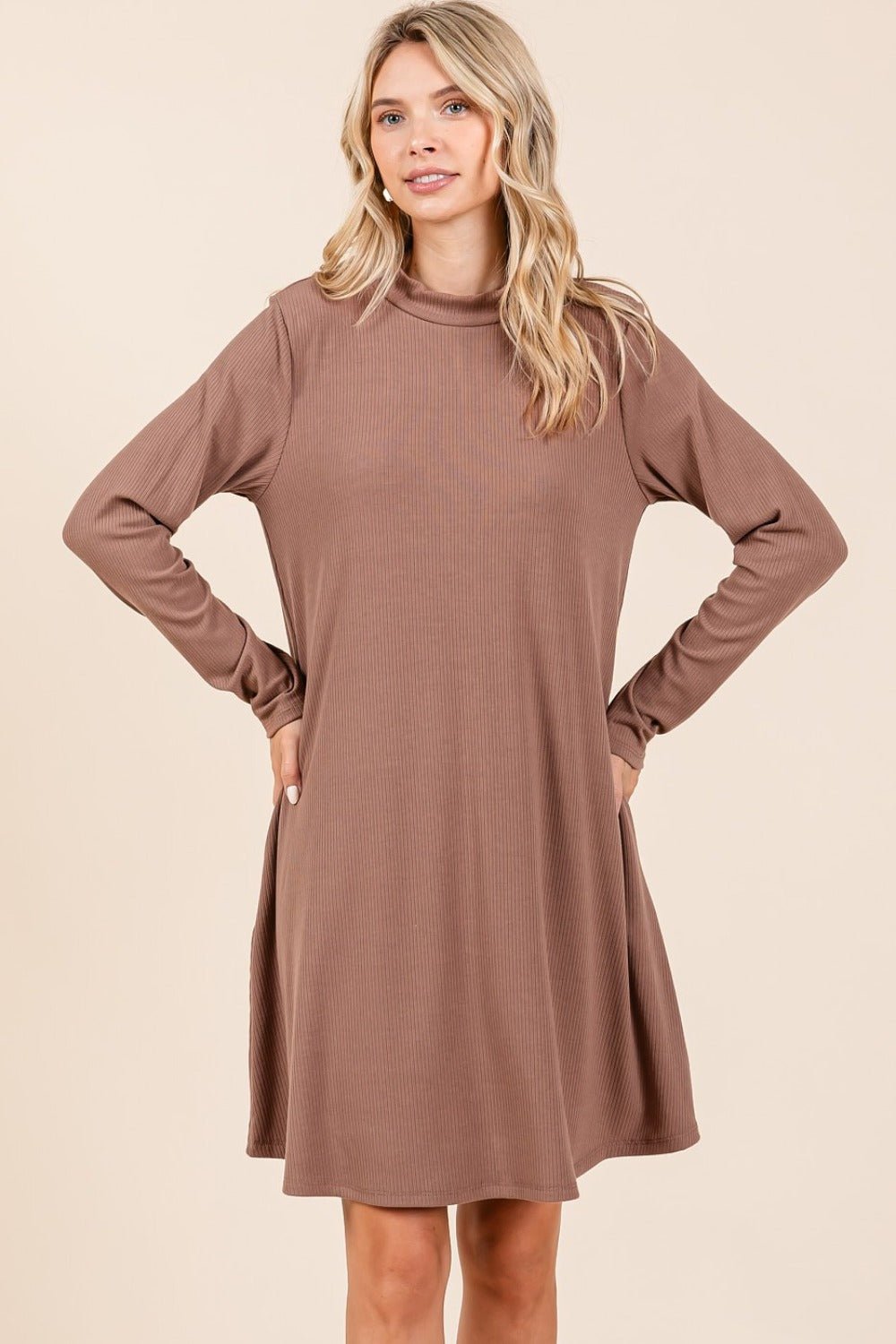 Mittoshop Mock Neck Long Sleeve Dress with Pockets - Bitsy Gypsy Boutique