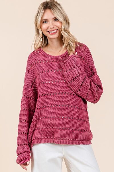 Mittoshop Openwork Round Neck Drop Shoulder Sweater - Bitsy Gypsy Boutique