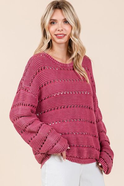 Mittoshop Openwork Round Neck Drop Shoulder Sweater - Bitsy Gypsy Boutique