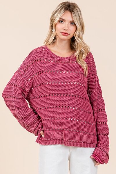 Mittoshop Openwork Round Neck Drop Shoulder Sweater - Bitsy Gypsy Boutique