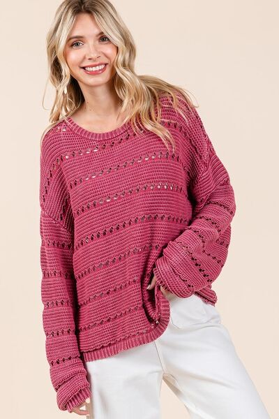 Mittoshop Openwork Round Neck Drop Shoulder Sweater - Bitsy Gypsy Boutique