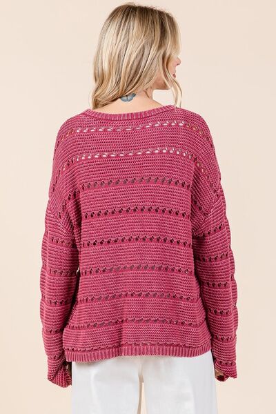 Mittoshop Openwork Round Neck Drop Shoulder Sweater - Bitsy Gypsy Boutique