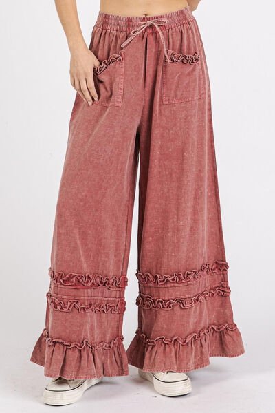 Mittoshop Ruffle Trim Pocket Mineral Wash Wide Leg Pants - Bitsy Gypsy Boutique