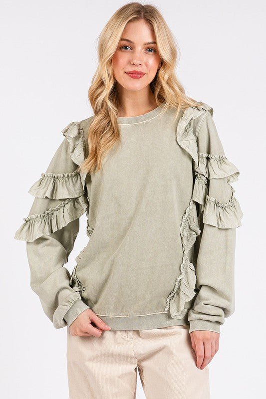 Mittoshop Ruffled Mineral Washed Round Neck Long Sleeve Sweatshirt - Bitsy Gypsy Boutique