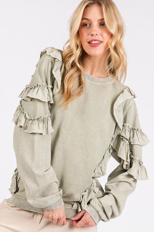 Mittoshop Ruffled Mineral Washed Round Neck Long Sleeve Sweatshirt - Bitsy Gypsy Boutique