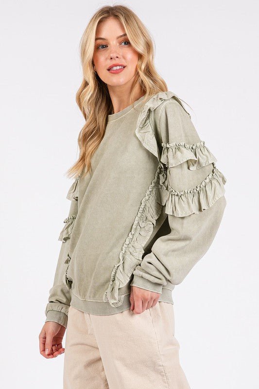 Mittoshop Ruffled Mineral Washed Round Neck Long Sleeve Sweatshirt - Bitsy Gypsy Boutique