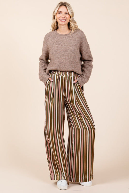 Mittoshop Striped Satin Elastic Waist Wide Leg Pants - Bitsy Gypsy Boutique