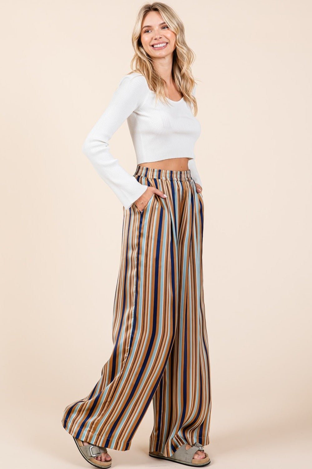 Mittoshop Striped Satin Elastic Waist Wide Leg Pants - Bitsy Gypsy Boutique