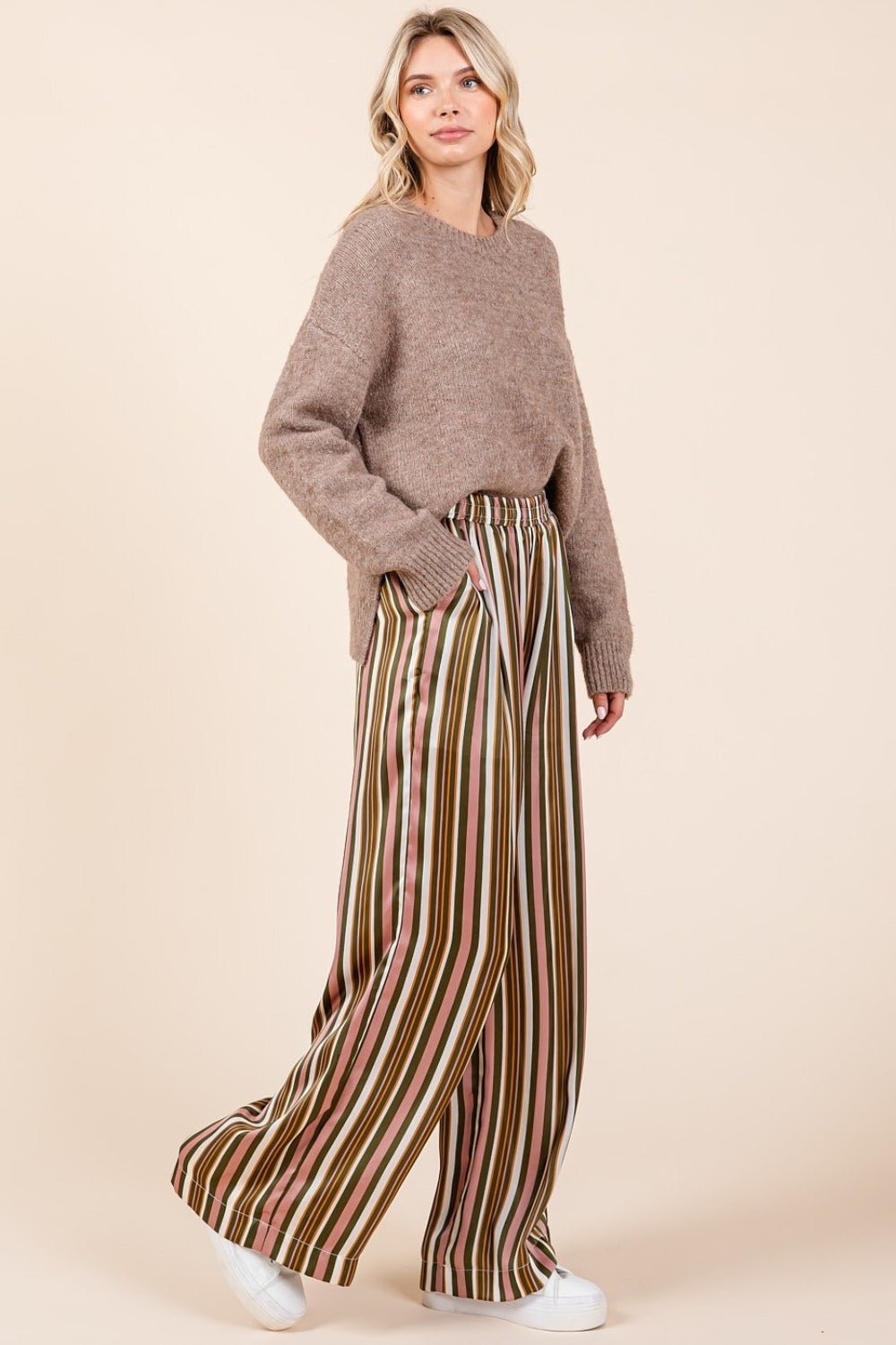 Mittoshop Striped Satin Elastic Waist Wide Leg Pants - Bitsy Gypsy Boutique