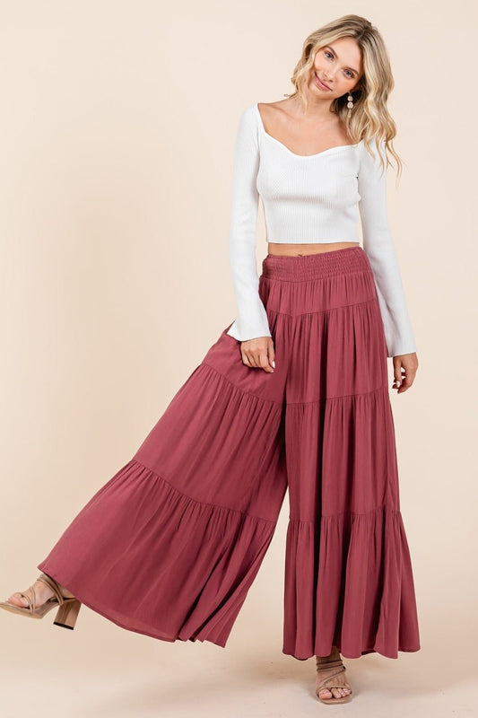 Mittoshop Tier Detail Smocked Elastic Waist Wide Leg Pants - Bitsy Gypsy Boutique