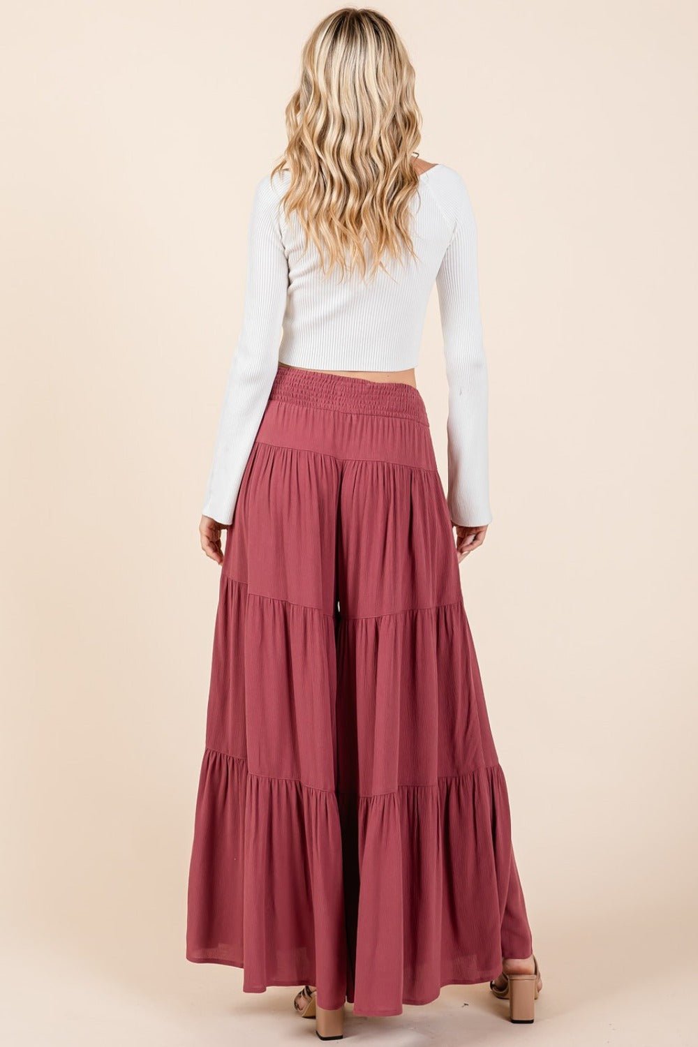 Mittoshop Tier Detail Smocked Elastic Waist Wide Leg Pants - Bitsy Gypsy Boutique