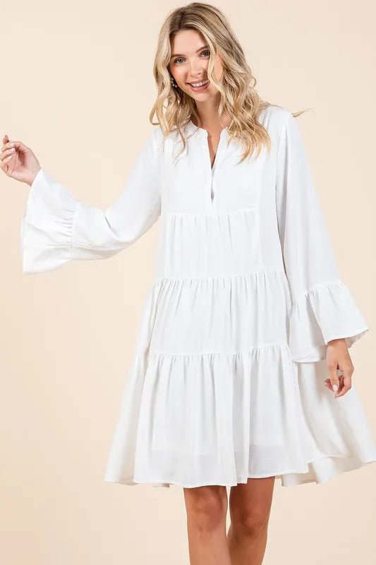 Mittoshop Tiered Notched Flare Sleeve Dress - Bitsy Gypsy Boutique
