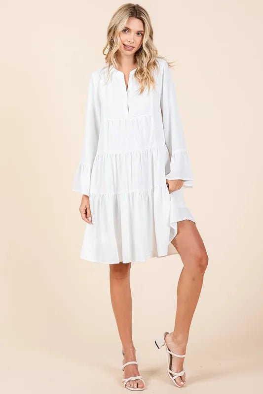 Mittoshop Tiered Notched Flare Sleeve Dress - Bitsy Gypsy Boutique