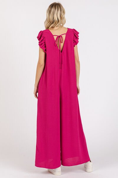 Mittoshop V - Neck Ruffled Cap Sleeve Wide Leg Jumpsuit - Bitsy Gypsy Boutique