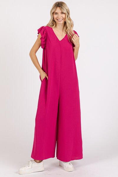 Mittoshop V - Neck Ruffled Cap Sleeve Wide Leg Jumpsuit - Bitsy Gypsy Boutique