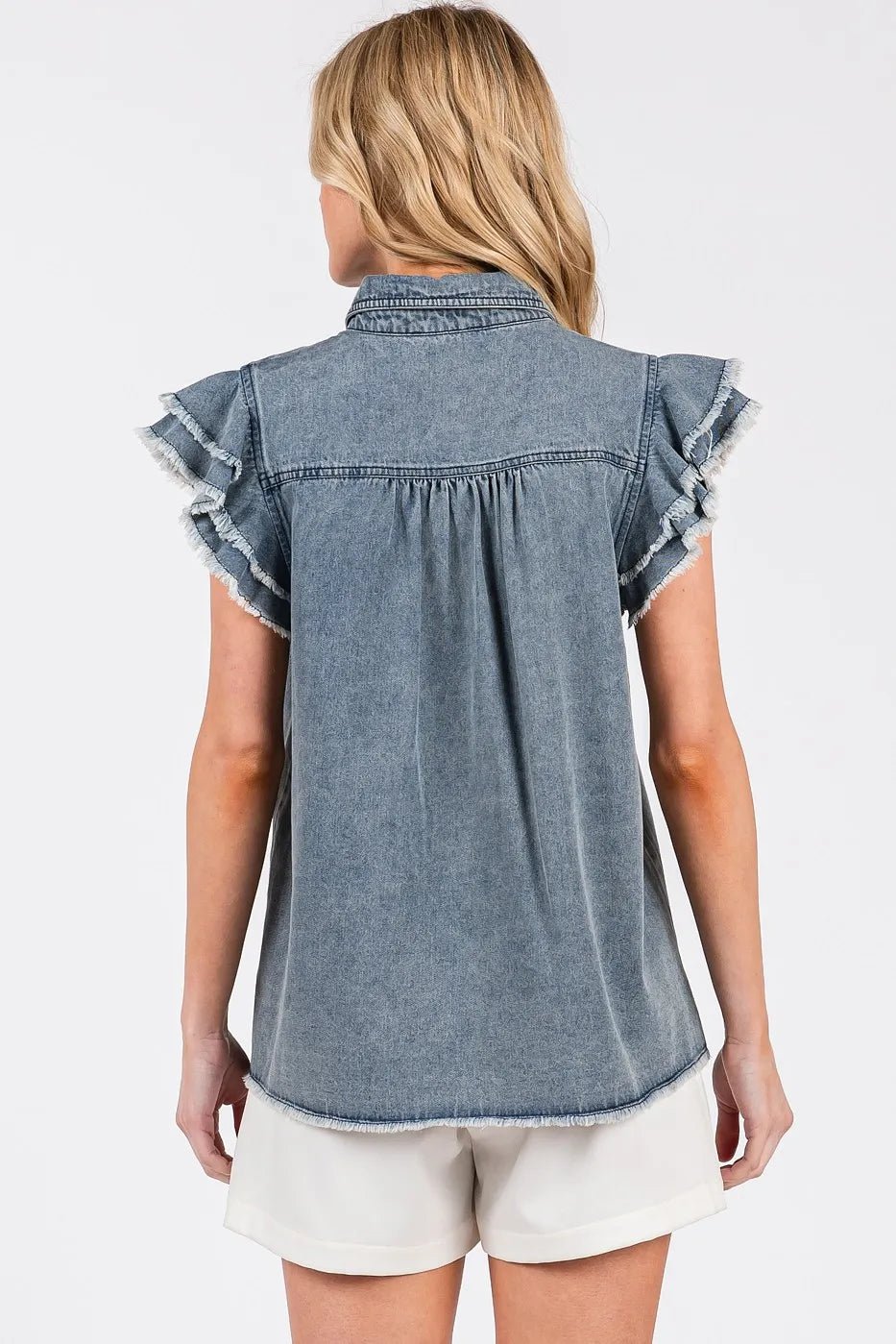Mittoshop Washed Denim Ruffle Short Sleeve Collared Shirt - Bitsy Gypsy Boutique