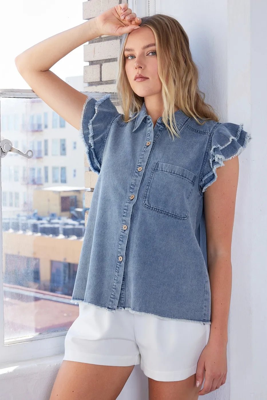 Mittoshop Washed Denim Ruffle Short Sleeve Collared Shirt - Bitsy Gypsy Boutique