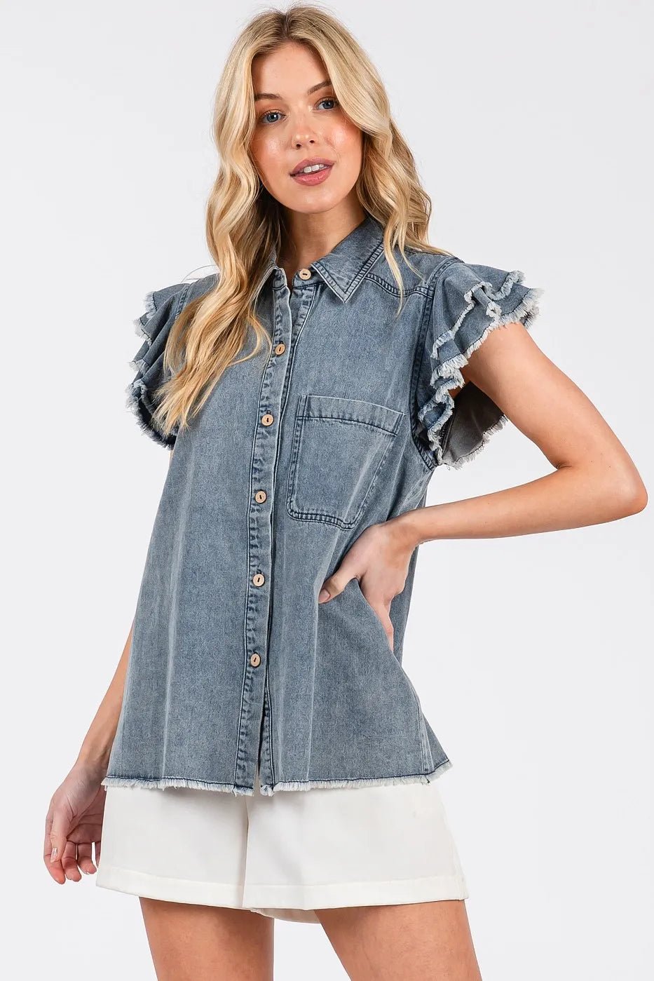 Mittoshop Washed Denim Ruffle Short Sleeve Collared Shirt - Bitsy Gypsy Boutique