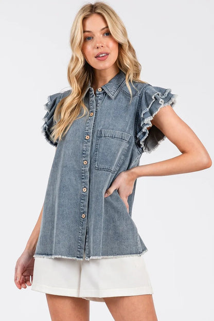Mittoshop Washed Denim Ruffle Short Sleeve Collared Shirt - Bitsy Gypsy Boutique