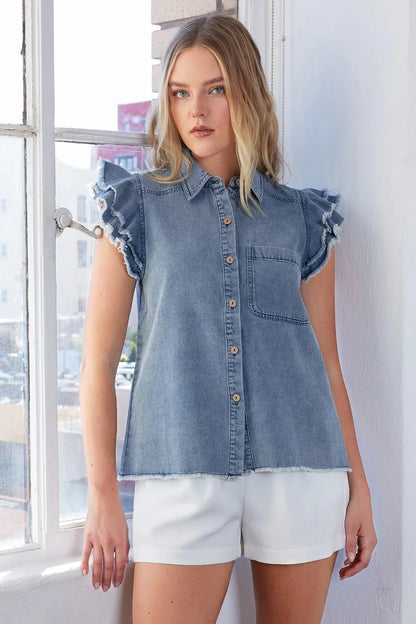 Mittoshop Washed Denim Ruffle Short Sleeve Collared Shirt - Bitsy Gypsy Boutique