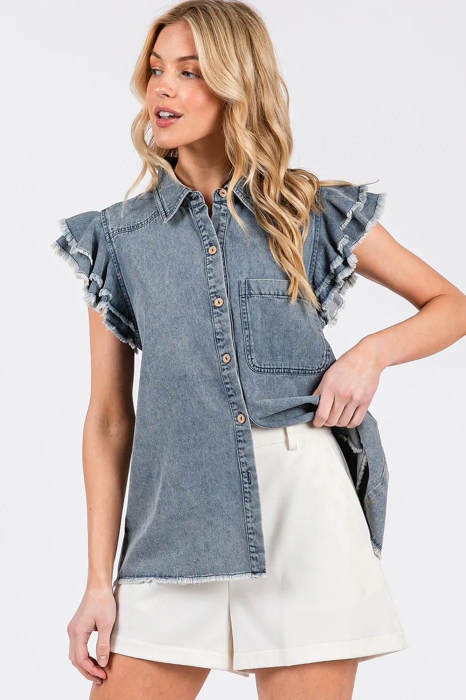 Mittoshop Washed Denim Ruffle Short Sleeve Collared Shirt - Bitsy Gypsy Boutique