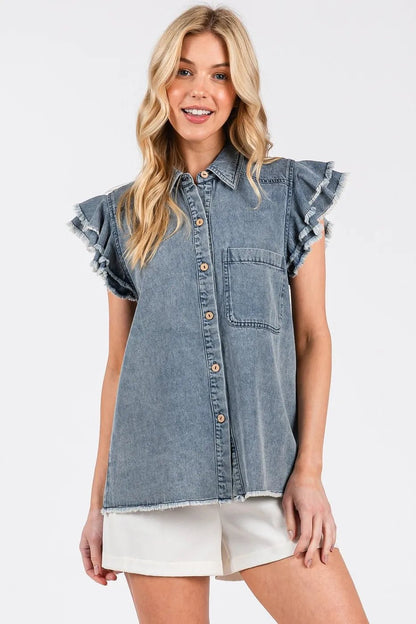 Mittoshop Washed Denim Ruffle Short Sleeve Collared Shirt - Bitsy Gypsy Boutique