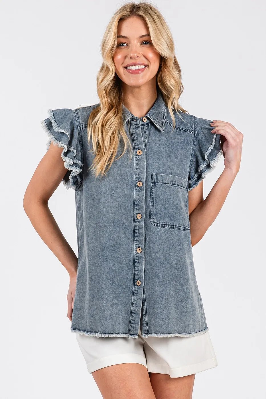 Mittoshop Washed Denim Ruffle Short Sleeve Collared Shirt - Bitsy Gypsy Boutique
