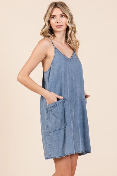 Mittoshop Washed Patch Pocket Mini Cami Denim Dress - Bitsy Gypsy Boutique