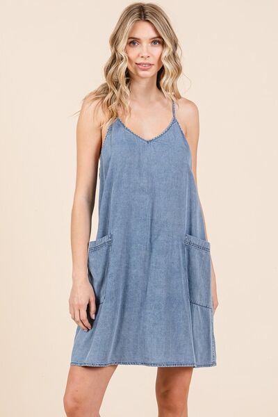 Mittoshop Washed Patch Pocket Mini Cami Denim Dress - Bitsy Gypsy Boutique